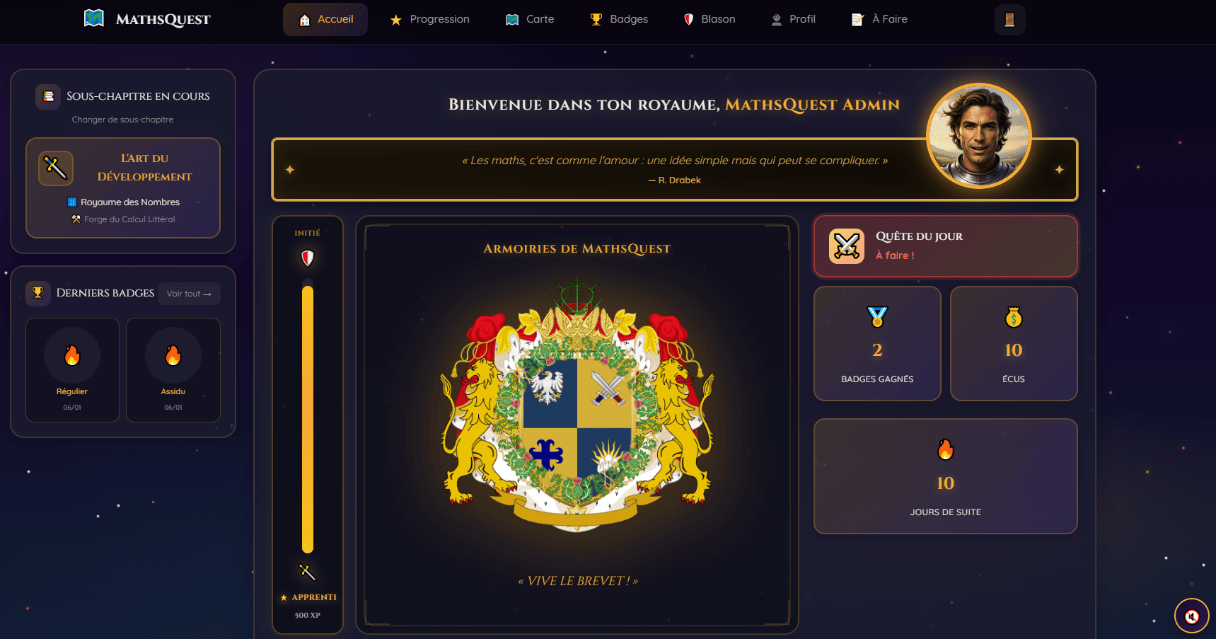 Tableau de bord de l'élève